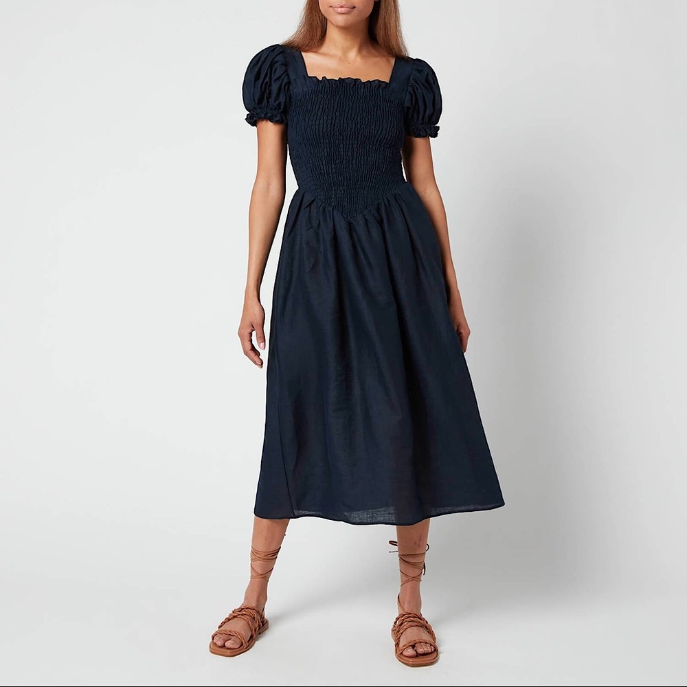 SOLD New Sleeper Dress Linen Handmade Belle Blue Large L NWT Midi Maxi Smocked - Picture 2 of 13